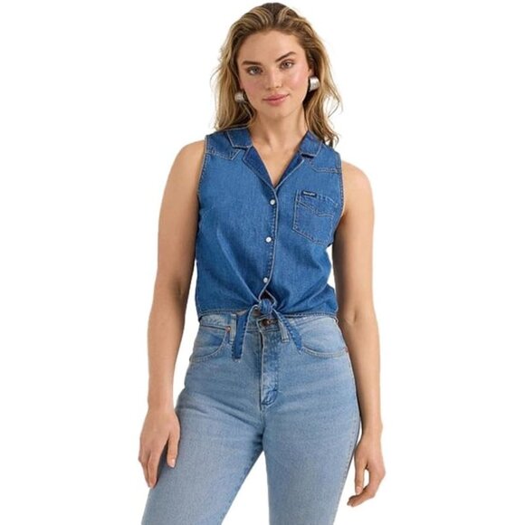 WRANGLER RETRO Women's Denim Tie Front Top Size S In Mid Wash - Picture 1 of 12